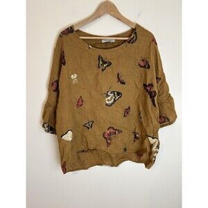 Viola Borghi 100% Linen Top L Butterfly Print Mustard Shirt Blouse Lagenlook